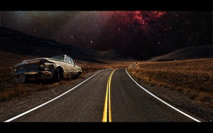 Composite of a Plymouth and a road to Death Valley in California, USA
