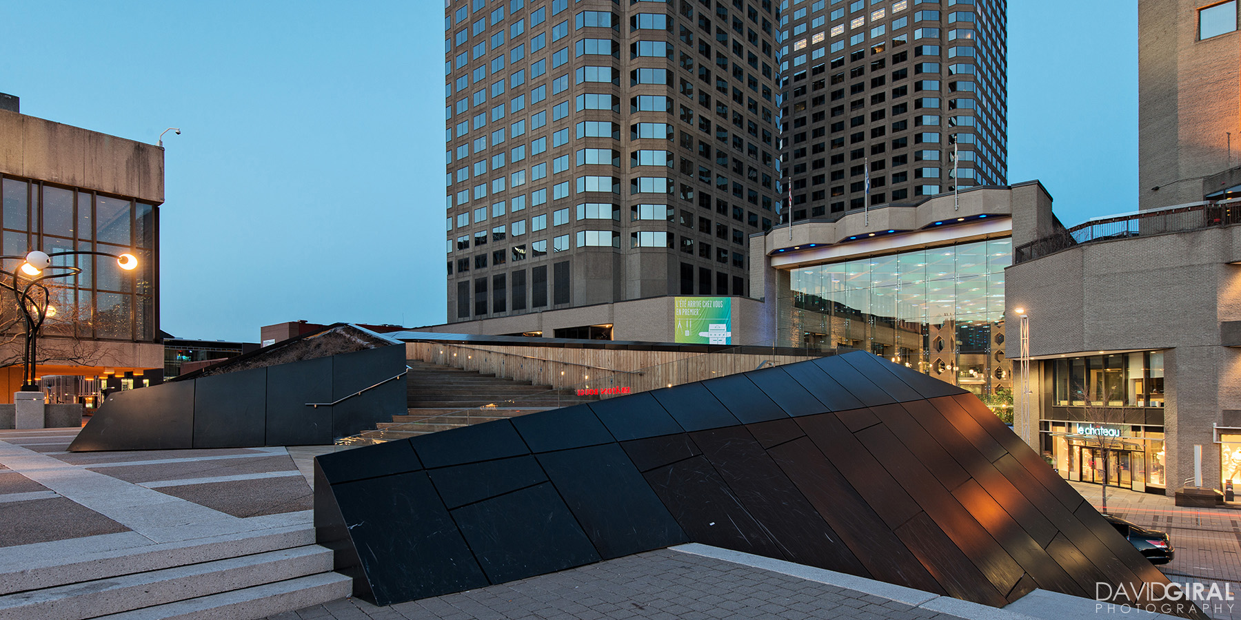 View of the roof of the entrance of espace culturel Georges-Emile-Lapalme on Ste Catherine Street, Place des Arts, Quartier des Spectacles, Downtown Montreal